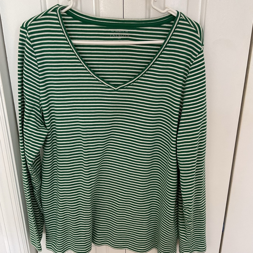 Talbots Green and White Striped Long Sleeve Top 1X